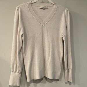 Loft Ribbed Puff Sleeve V-Neck Sweater